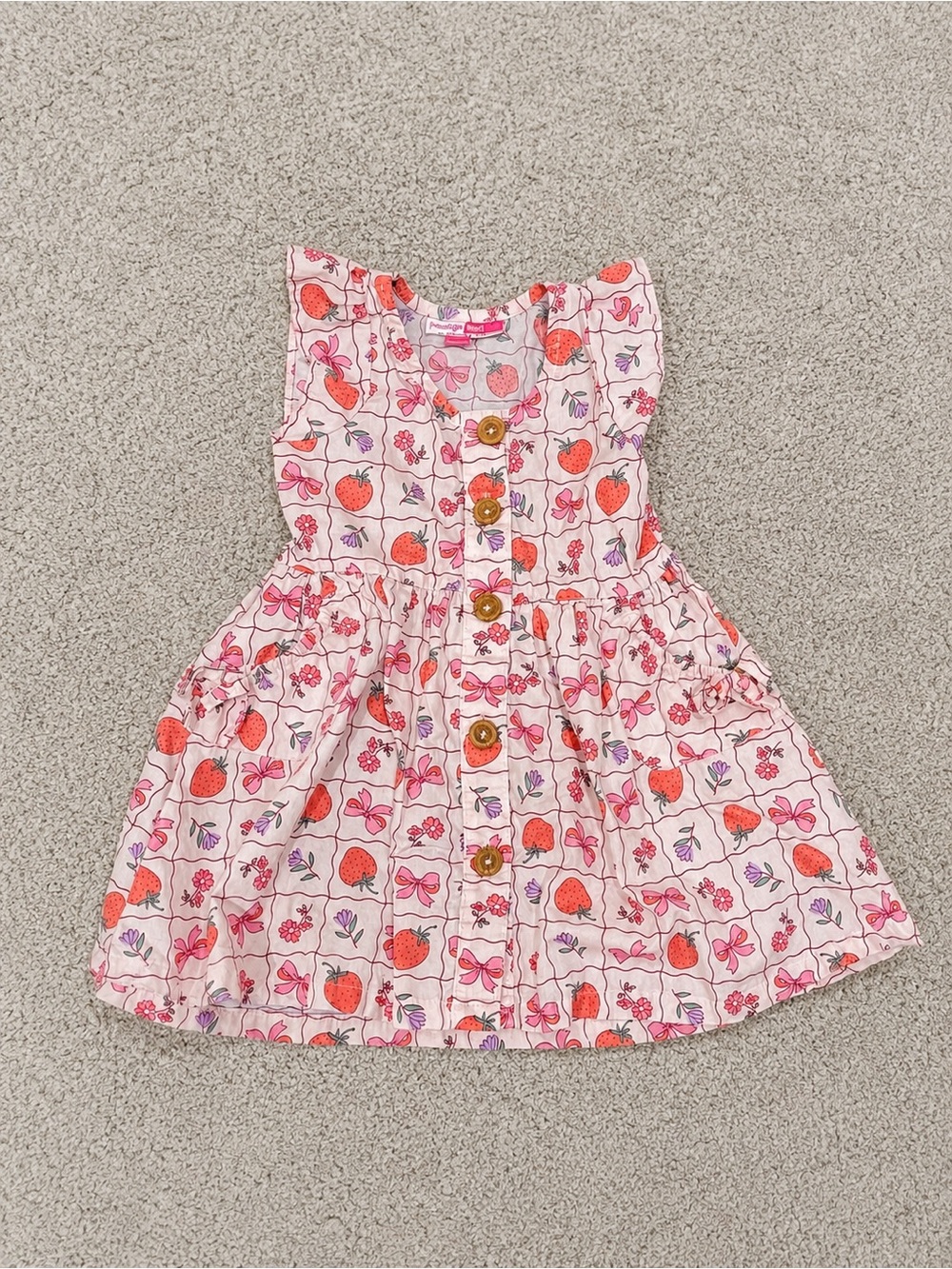 Girls Pink Strawberry Print Sundress with Buttons